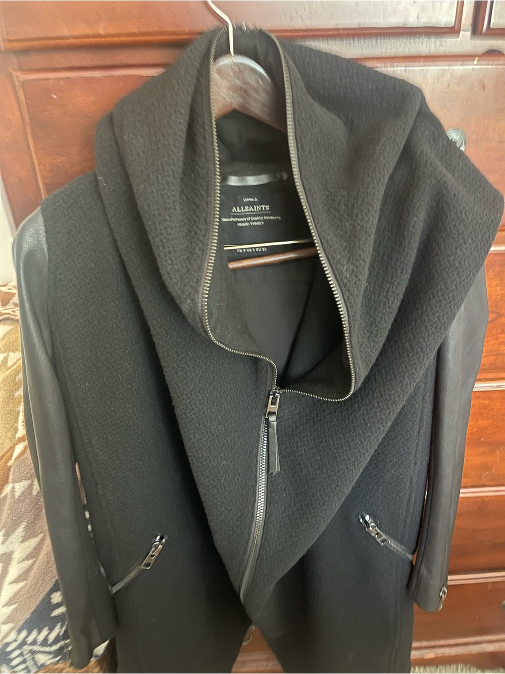AllSaints Black Draped Asymmetric Zip Trench Coat